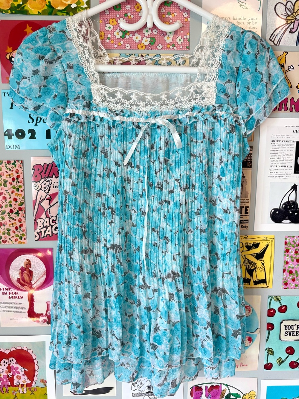Sheer Blue Floral Babydoll Top with Lace Trim